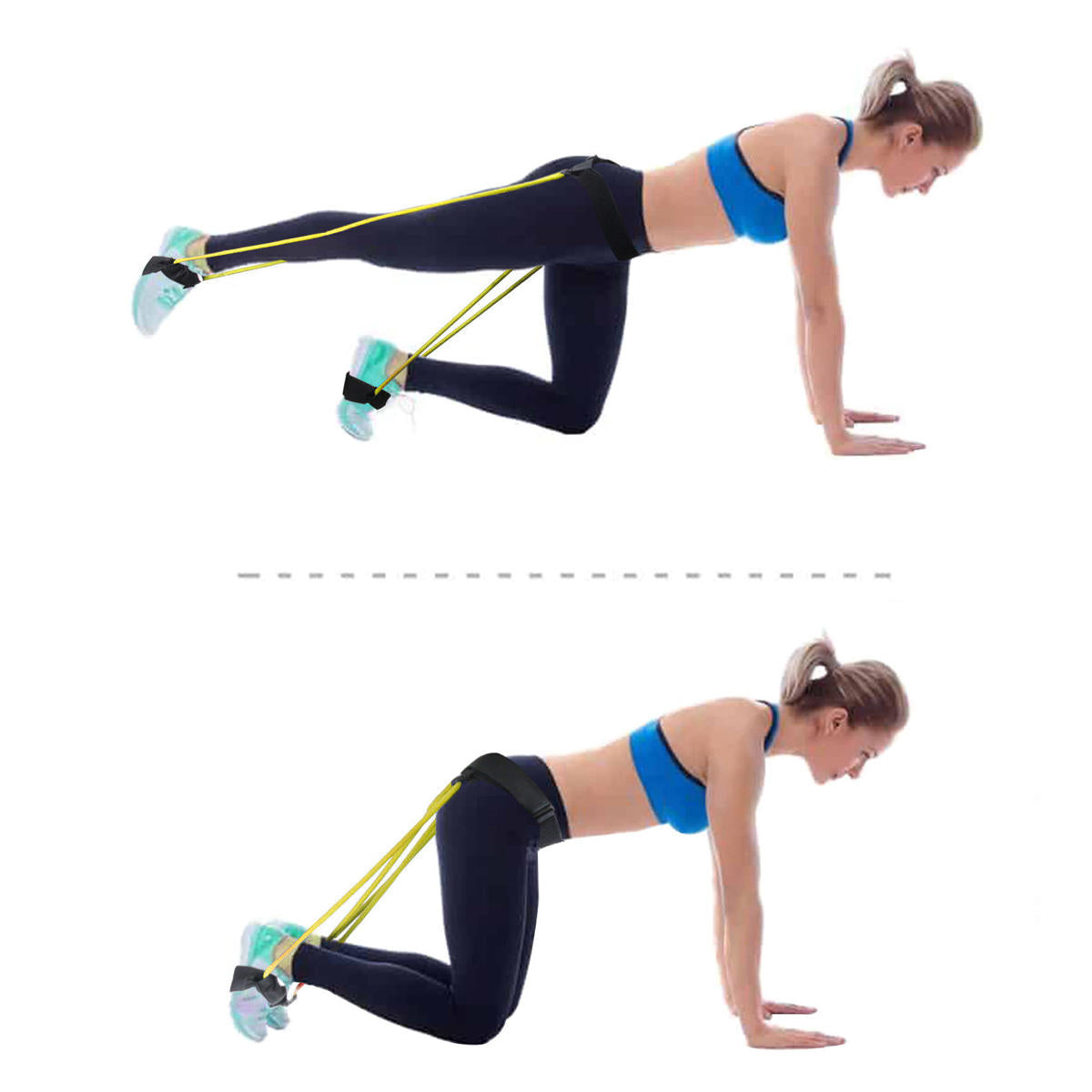 Yellow and black resistance band; the waist band is on the top and the two resistance bands are on the bottom