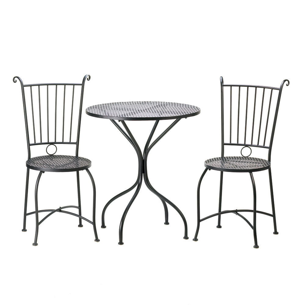 Outdoor bistro patio set; 1 table, 2 chairs, black metal